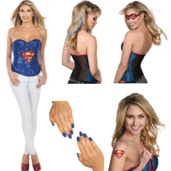 Rubies Deerfield Supergirl Sequin Corset Hair Extension Mask Nail Decal Glitter Tattoo Ladies Costume Accessory