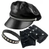 Sweidas Costume Accessories Bikie Biker Faux Leather Costume Kit Hat Fingerless Gloves And Studded Choker