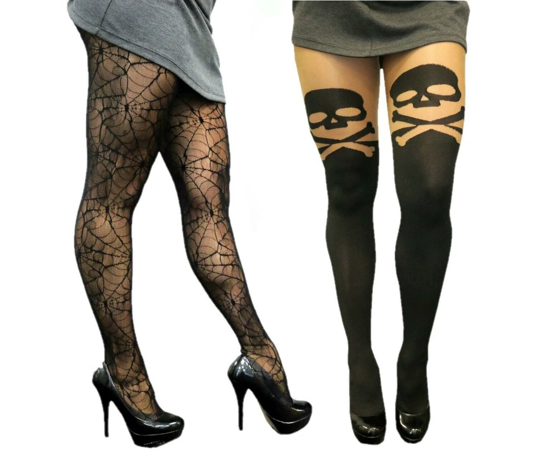 Sweidas Black Faux Skull Spider Web Tights Thigh High Halloween Ladies Stockings 1 Sweidas Black Faux Skull Spider Web Tights Thigh High Halloween Ladies Stockings