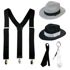 Sweidas Costume Accessories 1920s Gangster Suspender Braces Velour Hat Satin Tie Mens Costume Accessory