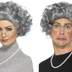 Smiffys Granny Old Lady Grandma Grey Hair Wig Grandmother Wig Pearls Glasses Costume Kit Wigs