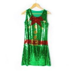 Unbranded Santa's Little Helper Christmas Elf Sequin Dress Ladies Costume Christmas Adult Costumes