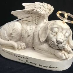 MALMAR Home & Garden Pet Memorial Sleeping Dog Gravestone Statue Solar Halo & Remembrance Plaque Ange