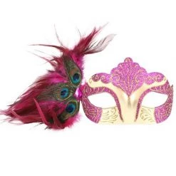 Tomfoolery Burlesque Glitter& Gems Masquerade Mask With Peacock Feathers & Ribbons Costume Accessories