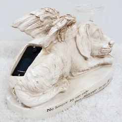 MALMAR Home & Garden Pet Memorial Sleeping Dog Gravestone Statue Solar Halo & Remembrance Plaque Ange