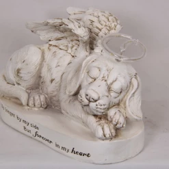 MALMAR Home & Garden Pet Memorial Sleeping Dog Gravestone Statue Solar Halo & Remembrance Plaque Ange