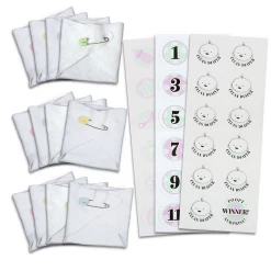 Balloon Agencies BABY SHOWER GAME 12 Diaper Nappy Pins 36 Stickers Fun Activity 2 - 12 Players Party Supplies