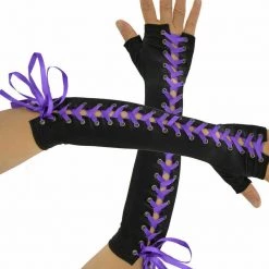 Unbranded Costume Accessories 80s Fingerless Gothic Dominatrixs Satin Corset Lace Up Gloves Black Pink Purple
