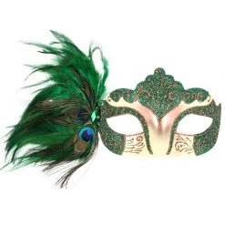 Tomfoolery Burlesque Glitter& Gems Masquerade Mask With Peacock Feathers & Ribbons Costume Accessories