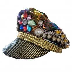 Sweidas Captain Festival Burning Man Festival Hat Rainbow And Gold Rhinestones & Gems Costume Accessories