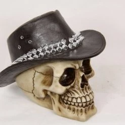 MAL New 1pce 15cm Cowboy Skull With Studded Hat Resin Décor Halloween Ornament