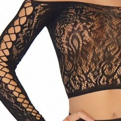 Tomfoolery 2pc Lace Long Sleeved Crop Top & High Waist Thong Ladies Lingerie Clothing Apparel