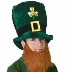 Unbranded St Patricks Day Irish Green Leprechaun Top Hat With Ginger Beard Costume Access