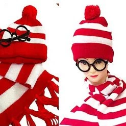 AliExpress Wheres Wally Beanie Hat & Glasses Costume Kit | Red & White Stripe