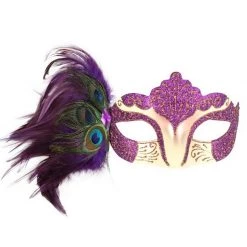Tomfoolery Burlesque Glitter& Gems Masquerade Mask With Peacock Feathers & Ribbons Costume Accessories