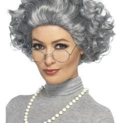 Smiffys Granny Old Lady Grandma Grey Hair Wig Grandmother Wig Pearls Glasses Costume Kit Wigs