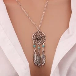 AliExpress Fashion Jewelry Dream Catcher Necklace Leaves Feather Turquoise Pendant GOLD Or SILVER