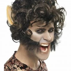 Smiffys Werewolf Wolf Wig Attached Ears Sideburns Black Curly Wig Halloween Costume Wig
