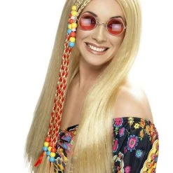Smiffys Hippy Wig Blonde Black Long Coloured Beads Ladies Mens 60s 70s Hippie Wigs