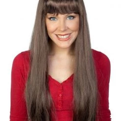 Tomfoolery Wigs Kath Long Brown Brunette Wig With Fringe From Kath And Kim Costume Wig