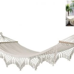 MALMAR Home & Garden New 2m X 1m White Hammock With End To End Wooden Rods And Macrame Fringe Weight