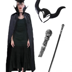 JD Adult Womens Maleficent Mistress Of Evil Queen Headpiece Halloween Black Cape