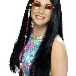 Smiffys Hippy Wig Blonde Black Long Coloured Beads Ladies Mens 60s 70s Hippie Wigs