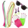 Sweidas Costume Accessories Ladies 80s Costume Set Kit Necklace Beads Earrings Sunglasses Gloves Fluro Neon