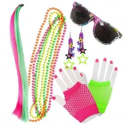 Sweidas Costume Accessories Ladies 80s Costume Set Kit Necklace Beads Earrings Sunglasses Gloves Fluro Neon