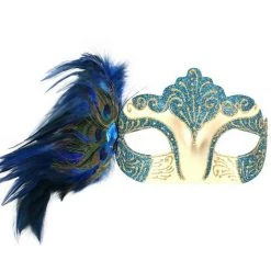 Tomfoolery Burlesque Glitter& Gems Masquerade Mask With Peacock Feathers & Ribbons Costume Accessories