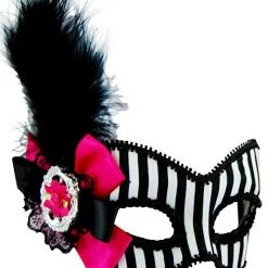 Sweidas Black And White Stripe With Feather Ladies Masquerade Eye Mask