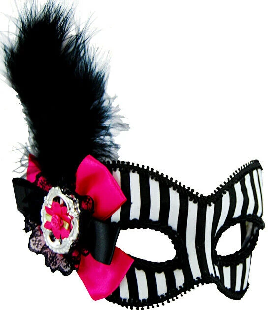 Sweidas Black And White Stripe With Feather Ladies Masquerade Eye Mask 1 Sweidas Black And White Stripe With Feather Ladies Masquerade Eye Mask