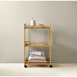 Kmart Bamboo Trolley Cart 3 Shelf Tier Linen Rack Storage Bathroom Shelves With Wheels
