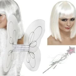 Smiffys White And Silver Angel Glitter Wings Wig And Wand Ladies Costume Accessory