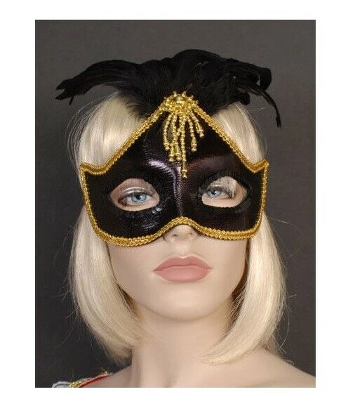 Interalia Costume Accessories Black Masquerade Mask W/ Gold Beads And Feathers 1 Interalia Costume Accessories Black Masquerade Mask W/ Gold Beads And Feathers