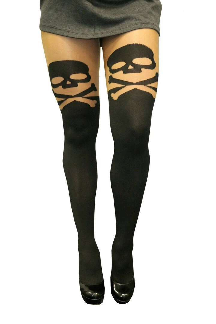 Sweidas Black Faux Skull Spider Web Tights Thigh High Halloween Ladies Stockings 3 Sweidas Black Faux Skull Spider Web Tights Thigh High Halloween Ladies Stockings