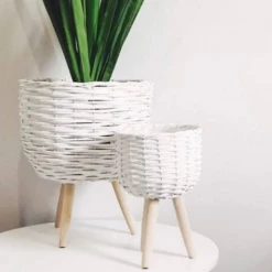 MAL White Wicker Plant Holder On Stand Indoor Outdoor For Articificial Real Planter Home & Garden