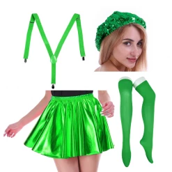 JD Party Christmas Adult Costumes Green Christmas Outfit Metallic Skirt Beret Hat Teens Ladies Costume Kit