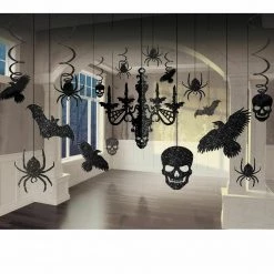 Balloon Agencies Halloween Props/Decoration 3D Chandelier Bats Spiders Skulls Black Glitter 17 Pce Halloween Decorating Kit