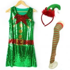 Unbranded Santa's Little Helper Christmas Elf Sequin Dress Ladies Costume Christmas Adult Costumes