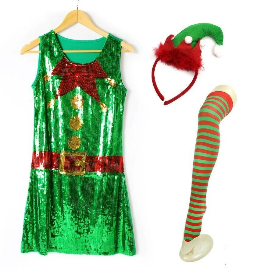 Unbranded Santa's Little Helper Christmas Elf Sequin Dress Ladies Costume Christmas Adult Costumes 1 Unbranded Santa's Little Helper Christmas Elf Sequin Dress Ladies Costume Christmas Adult Costumes