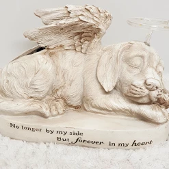 MALMAR Home & Garden Pet Memorial Sleeping Dog Gravestone Statue Solar Halo & Remembrance Plaque Ange