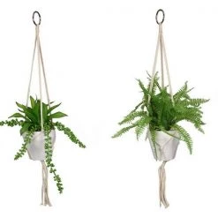 MAL Home & Garden Artificial Plants Hanging Fake Macrame Pots Fern Succulent Plant Green White Pot