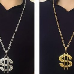 Aussie Toys Bling $ Dollar Sign Pimp Gangster Hip Hop Chunky Metal Necklace Silver Or Gold Costume Accessories