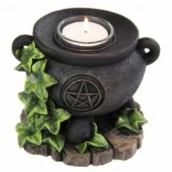 MALMAR Pentacle Witches Cauldron Tealight Candle Holder 10cm Tall With Ivy Leaves