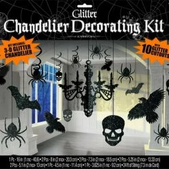 Balloon Agencies Halloween Props/Decoration 3D Chandelier Bats Spiders Skulls Black Glitter 17 Pce Halloween Decorating Kit
