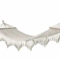 MALMAR Home & Garden New 2m X 1m White Hammock With End To End Wooden Rods And Macrame Fringe Weight