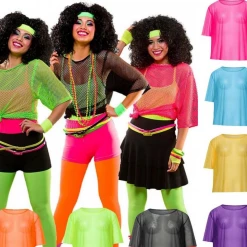 Unbranded 80s Fishnet String Vest Top 1980s Costume Access Neon Fluro Long Short Sleeve Ladies Costume