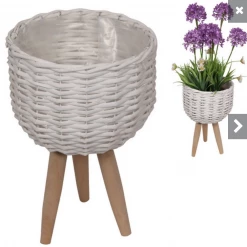 MAL White Wicker Plant Holder On Stand Indoor Outdoor For Articificial Real Planter Home & Garden