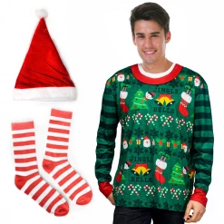 JD Party Christmas Adult Costumes Christmas Ugly Sweater Red Green Mens Costume Kit